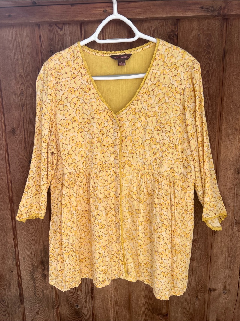 April Cornell Vintage Floral Babydoll Tunic Blouse Yellow Size L